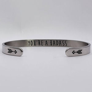 Polished Silver Tone Metal NIB Cuff Bangle Engraved Message Adjustable Bracelet